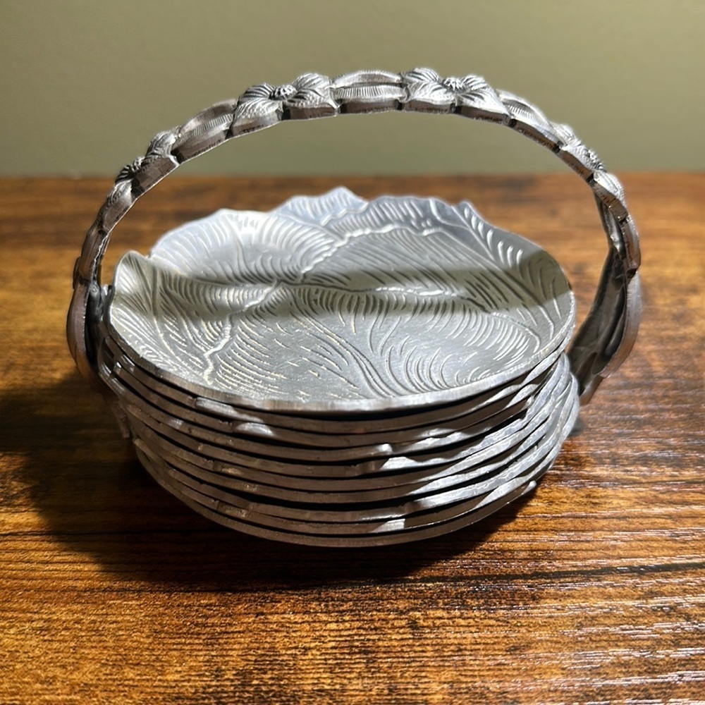 Vintage‎ Hand Wrought Rodney Kent Leaves Hammered Aluminum Coaster & Caddy Set